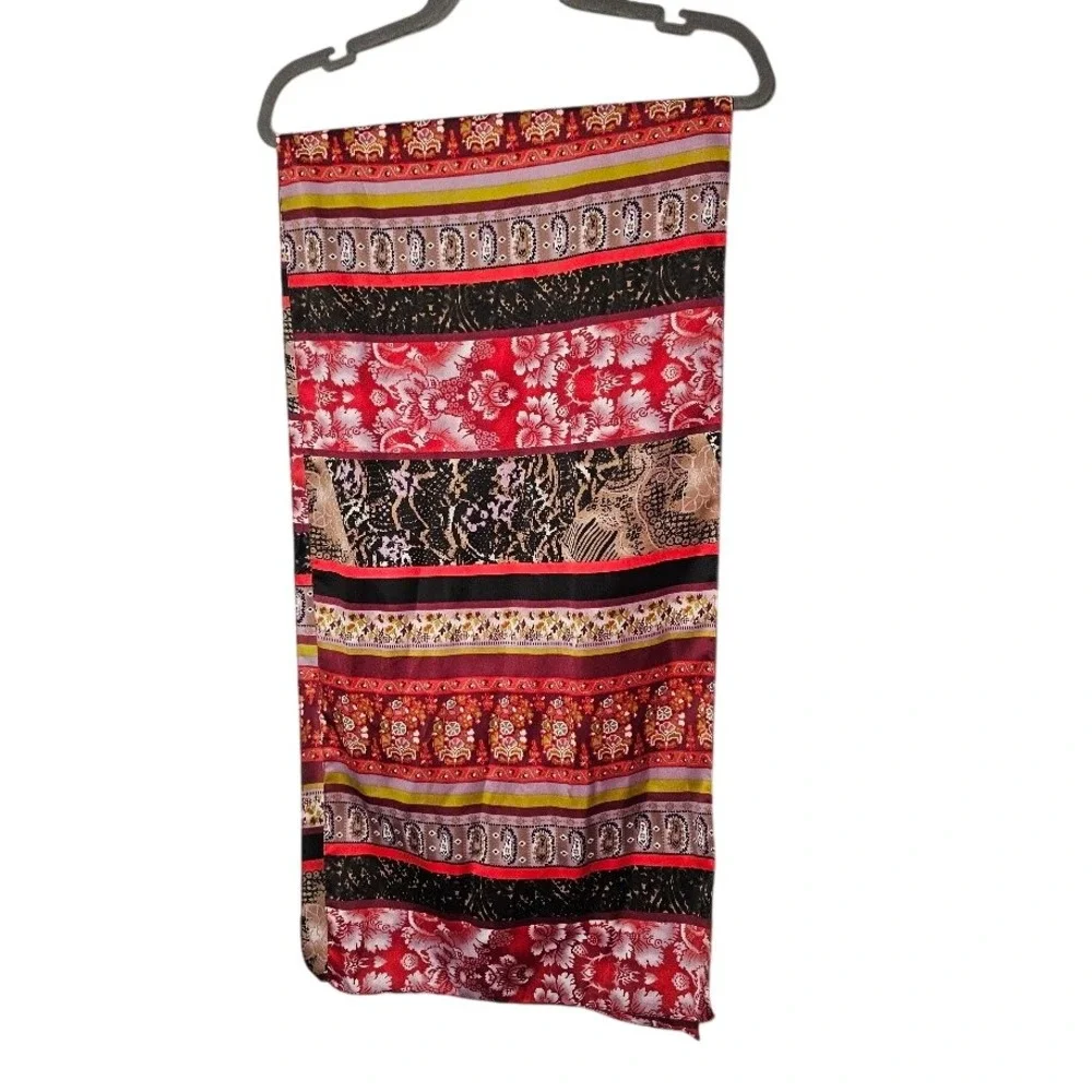 Paisley Silk Scarf Red Black Floral Patchwork Boho Oblong Wrap Art To Wear 62X15